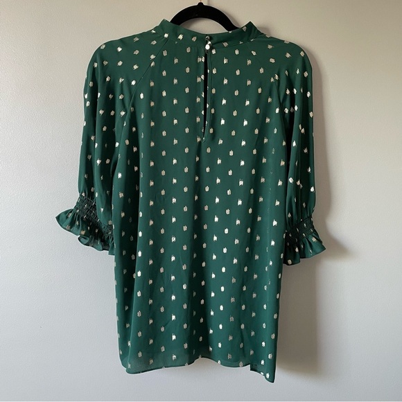 Ted Baker Jamiiee Puff Sleeve Foil Polka Dot Top Blouse Green Gold Size 5 Large - Picture 12 of 15